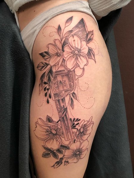 Gun Tattoo On Thigh