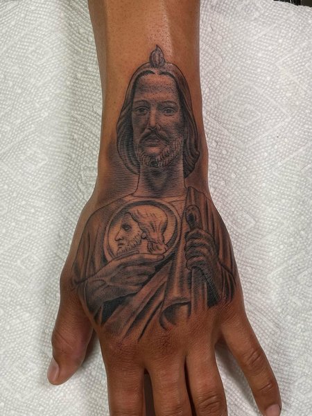 San Judas Tattoo On Hand