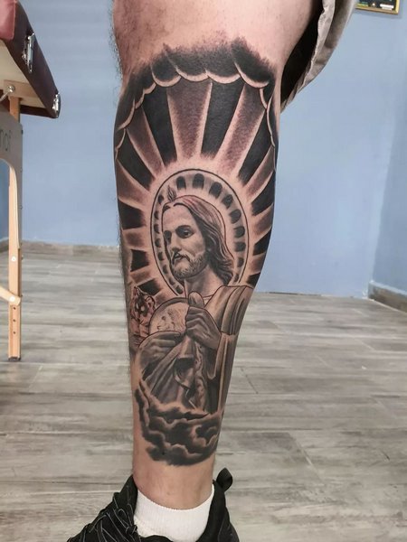 San Judas Tattoo On Leg