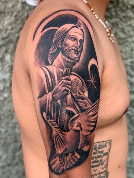 San Judas Tattoo On Shoulder