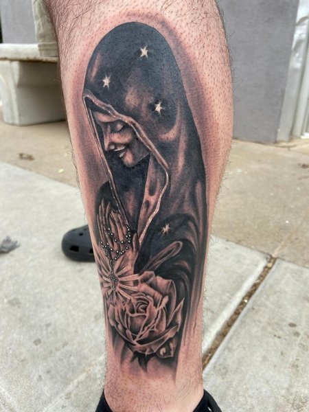 Virgin Mary Leg Tattoo