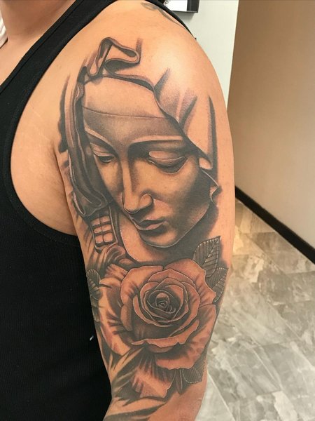 Virgin Mary Shoulder Tattoo
