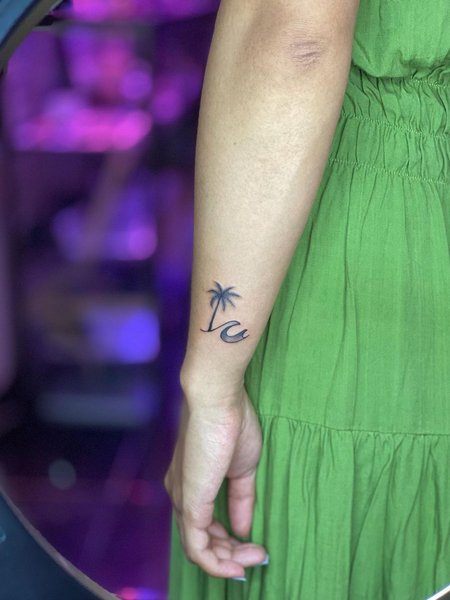 Wave And Palm Tree Tattoo