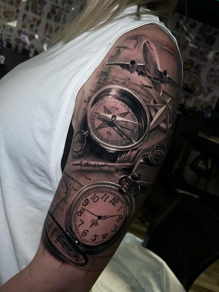 Clock And Compass Tattoo