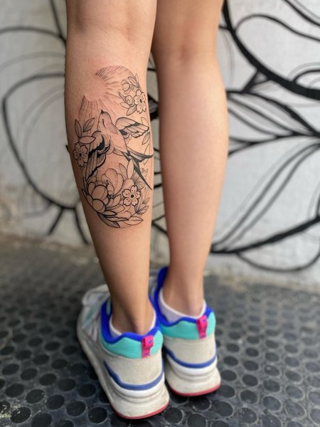 Floral Swallow Calf Tattoo