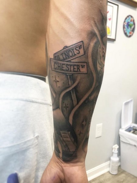 Forearm Street Sign Tattoo