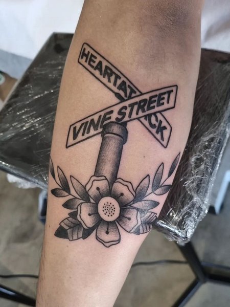 Hood Street Sign Tattoo