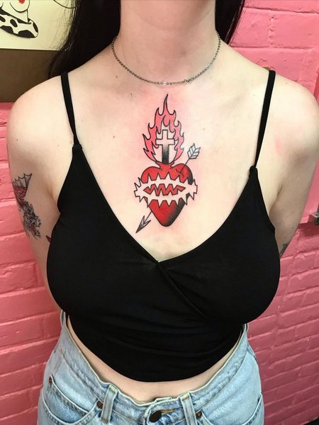 Sacred Heart Chest Tattoo