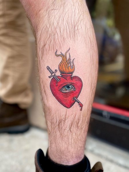 Sacred Heart Leg Tattoo
