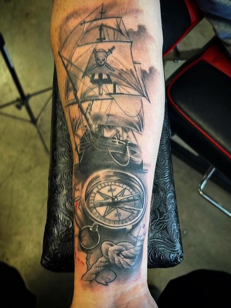 Ship And Compass Tattoo