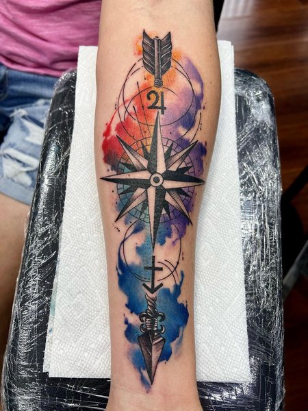 Watercolor Compass Tattoo