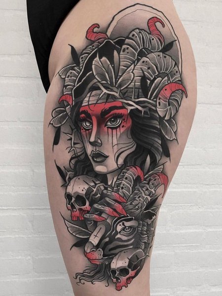 Witch Tattoo On Thigh