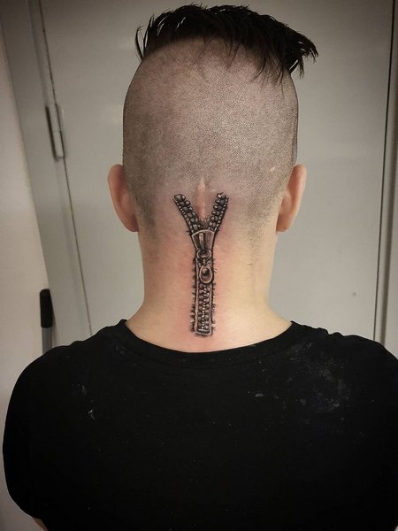 Zipper Tattoo On Neck