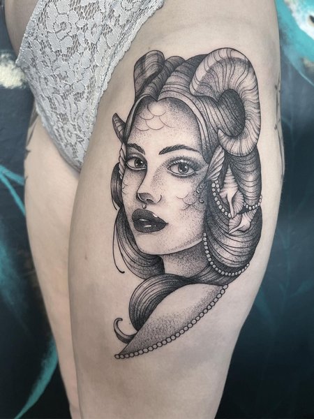 Capricorn Thigh Tattoo