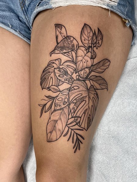 Monstera Thigh Tattoo