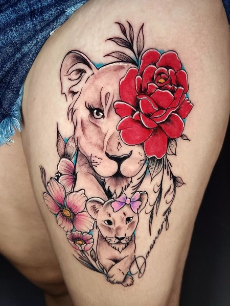 Lioness And Flower Tattoo