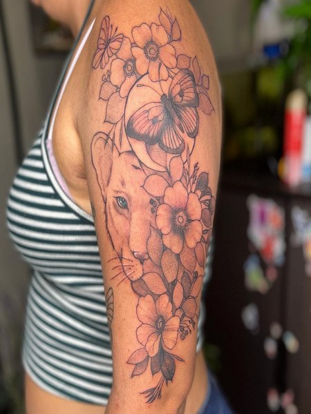 Lioness Flower Tattoo