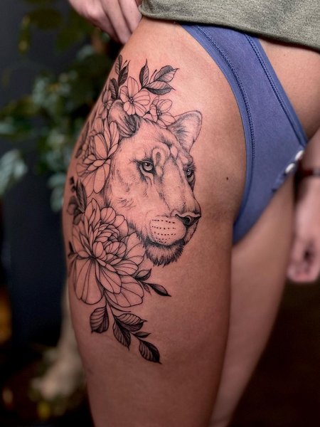 Lioness Thigh Tattoo